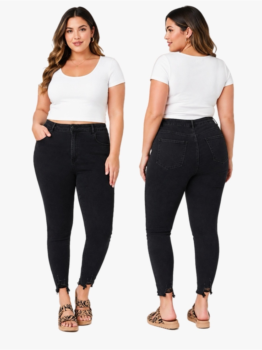 Shein Curve Women’s Plus Size 2X High-Rise Black Distresses Skinny Jeans Raw Hem